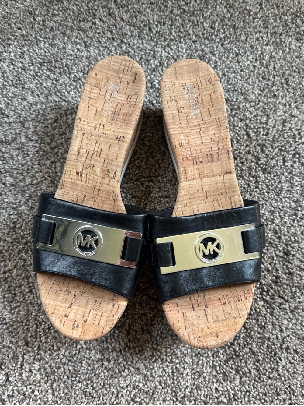 Michael Kors Black Leather Slide Heeled Wedge Shoes Womens 10 M NWOT